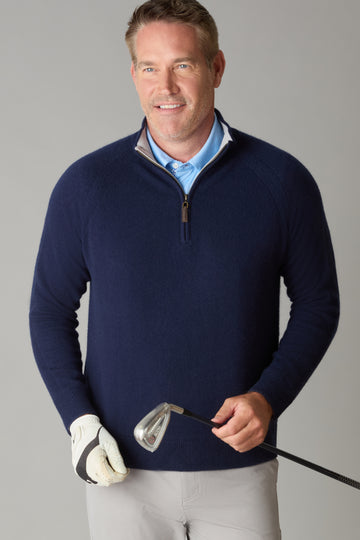 Navy Blue 100% Cashmere Quarter-Zip Mock Neck