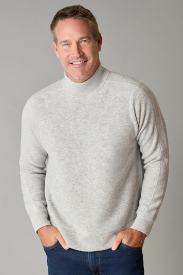 Pebble Grey Heather Merino Wool Jersey Panel Mock Neck