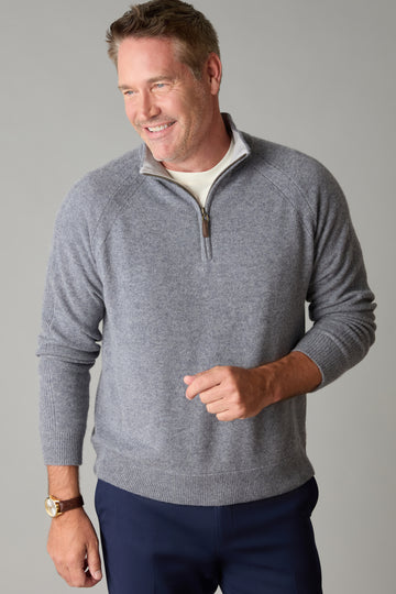 Harbor Grey Heather 100% Cashmere Quarter-Zip Mock Neck